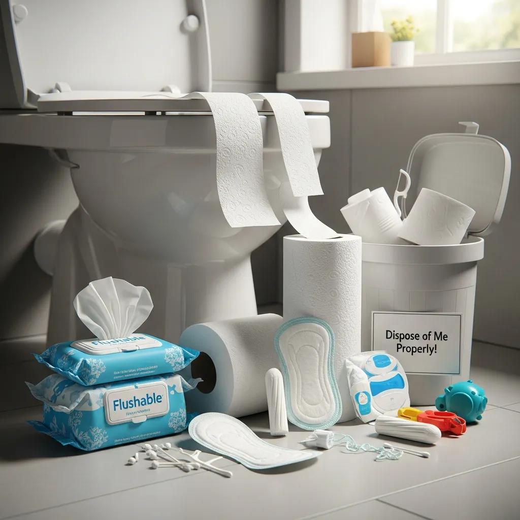 Household items like wet wipes and paper towels that commonly cause toilet clogs, with prevention in mind