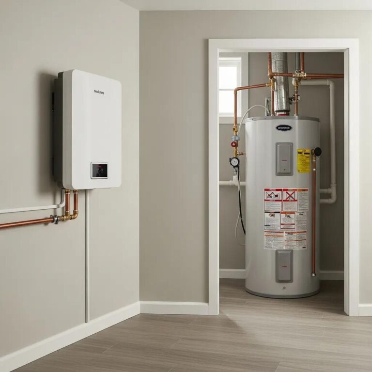 Comparison of tankless and traditional water heaters in a modern home setting