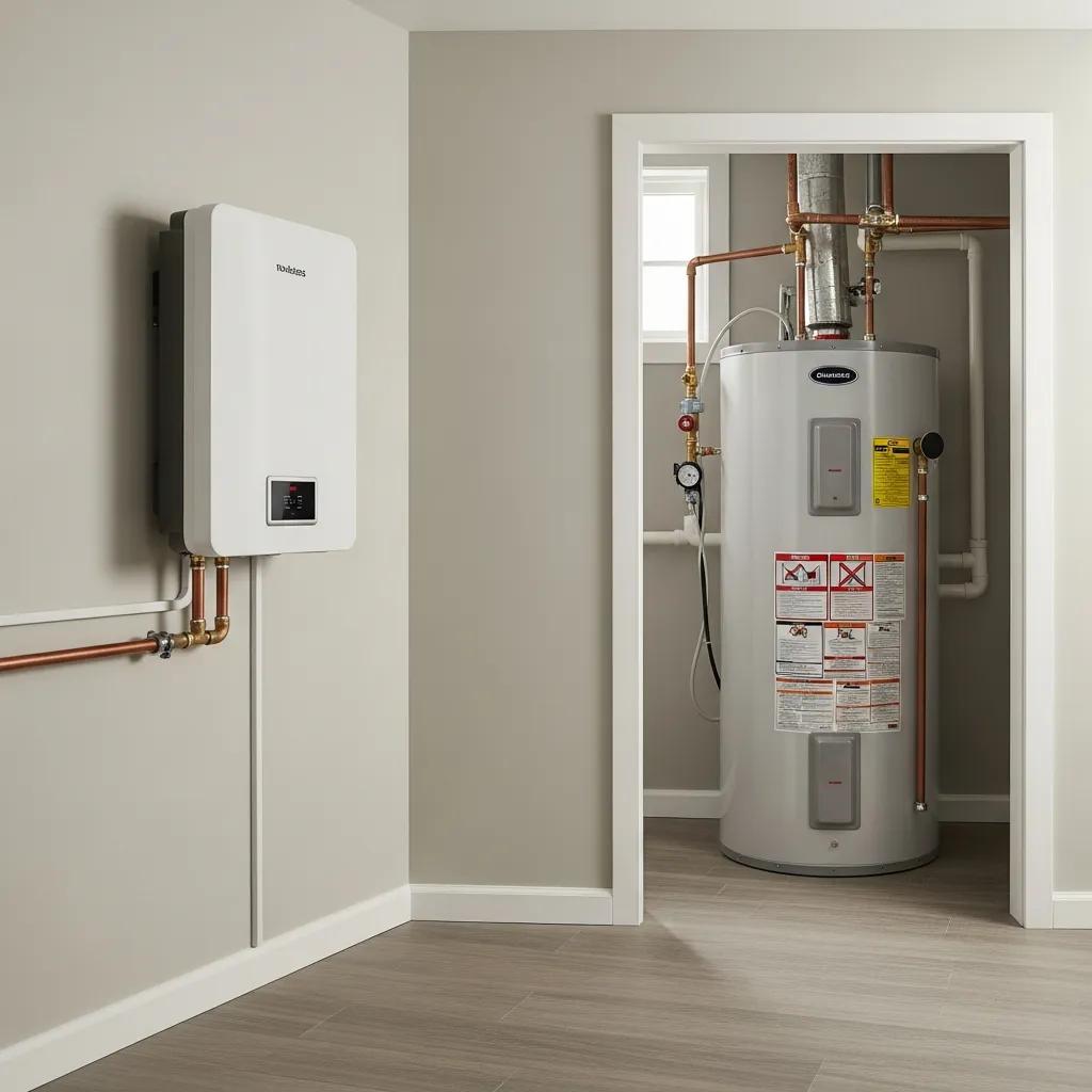 Comparison of tankless and traditional water heaters in a modern home setting