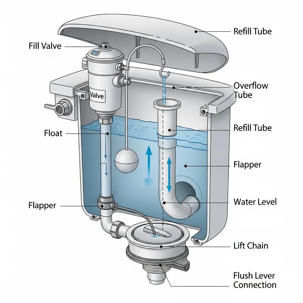 Illustration of toilet tank parts: flapper, fill valve, float, and overflow tube