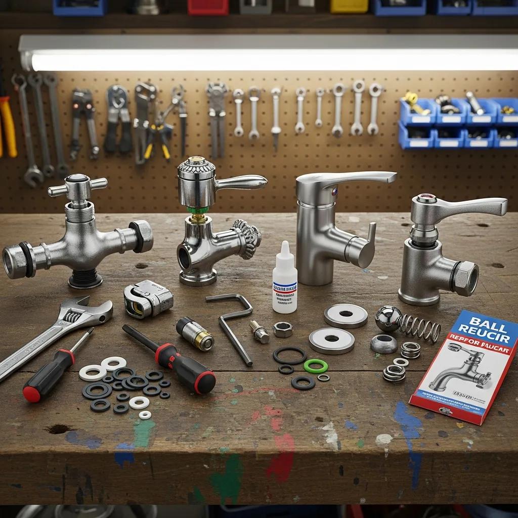 Various faucet types on a workbench ready for repair