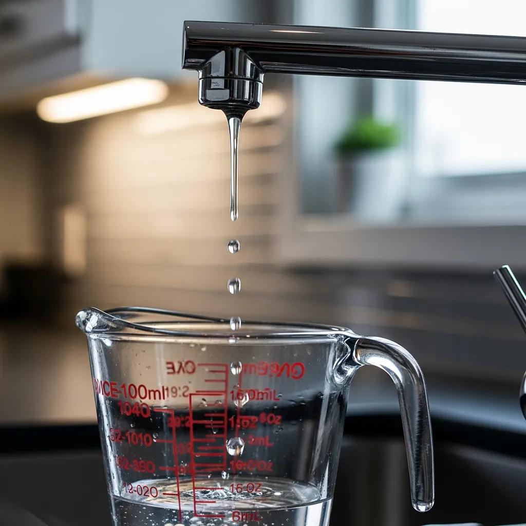 Dripping faucet with water droplets falling into a measuring cup, symbolizing water waste