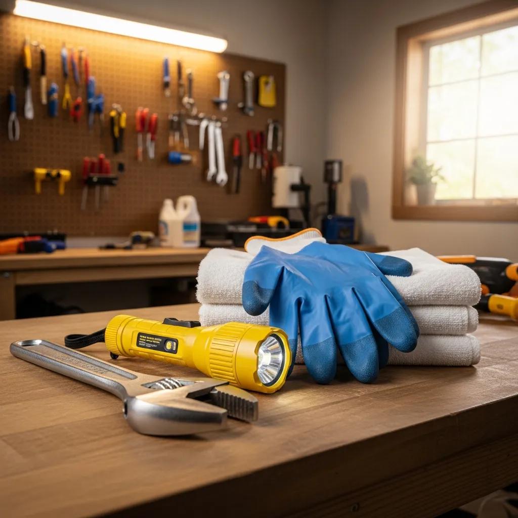 Adjustable wrench, flashlight, and heavy gloves laid out on a workbench — emergency plumbing kit