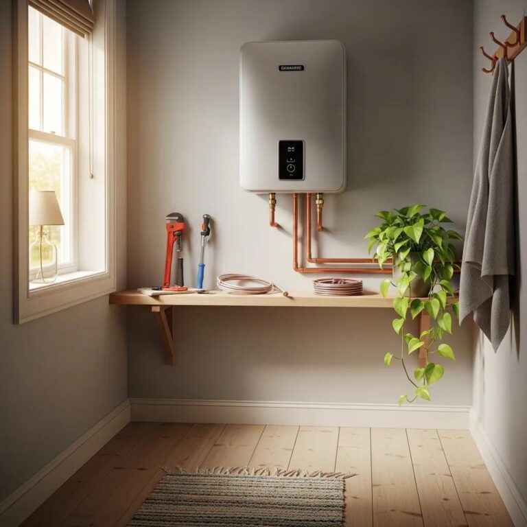 Energy-efficient tankless water heater installation in a cozy home utility room