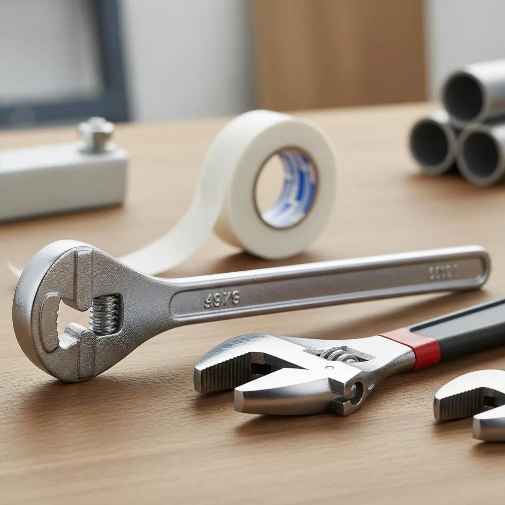 Essential plumbing tools for kitchen faucet installation on a workbench