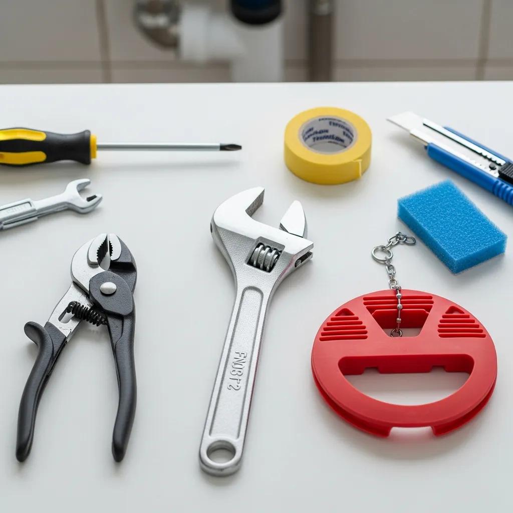 Tools for basic toilet repairs: adjustable wrench, pliers, and a replacement flapper