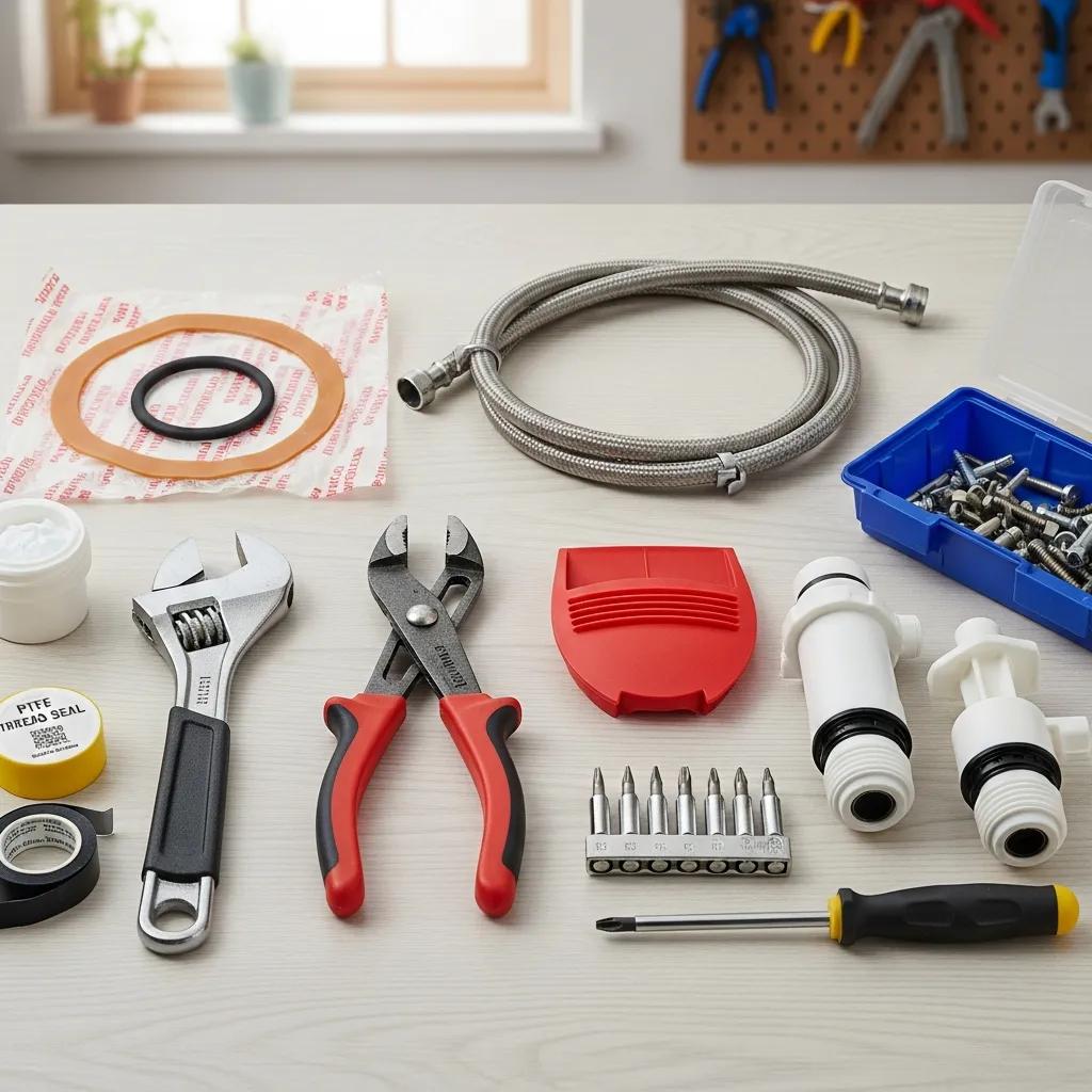 Set of common tools for toilet repair: wrench, pliers, and replacement flapper