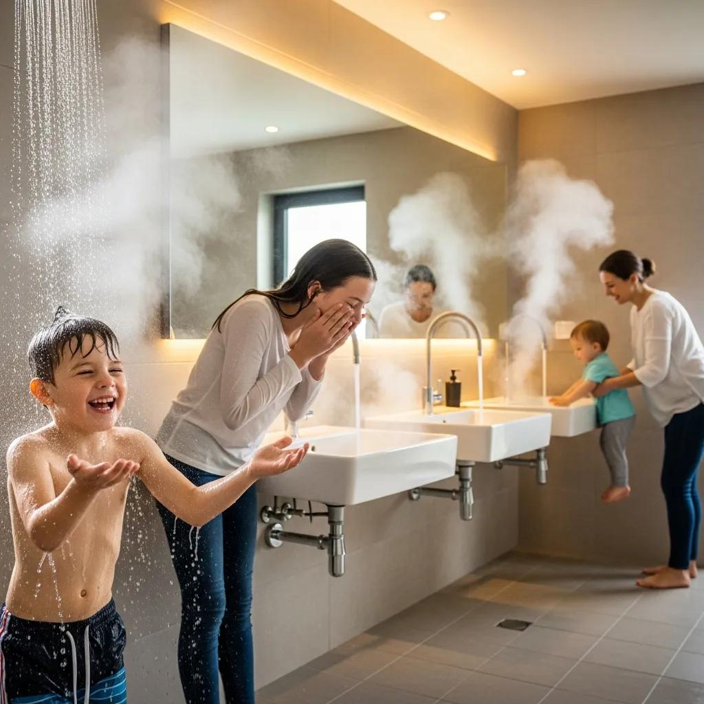 Family using multiple fixtures with steady hot water, illustrating tankless benefits