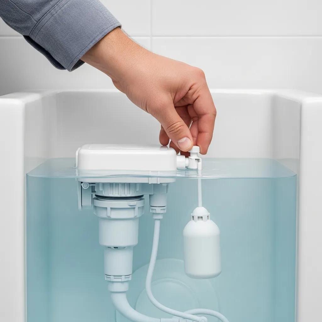 Hand making a small adjustment to a toilet tank float to set water level