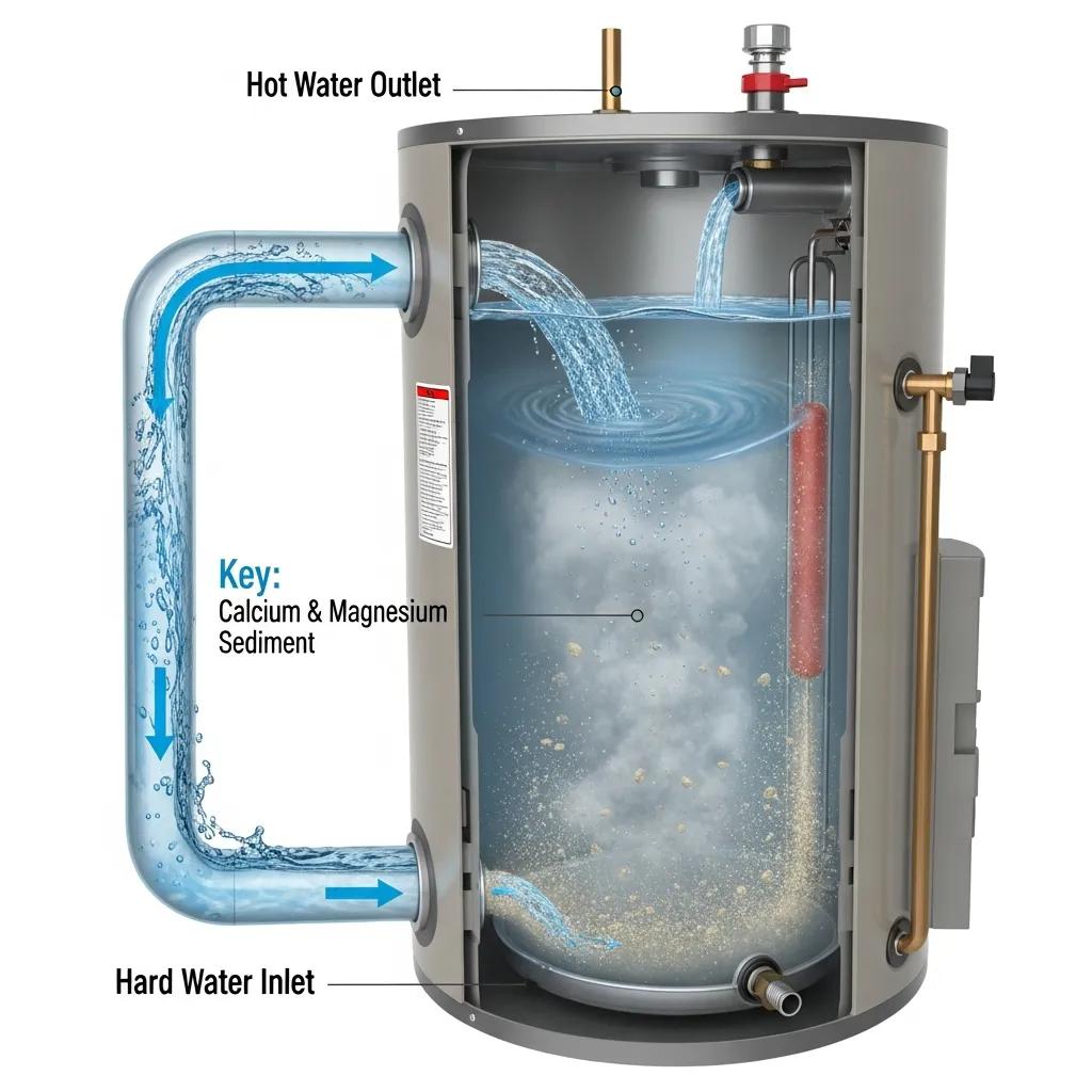 Hard water entering a water heater, illustrating mineral contributions to sediment