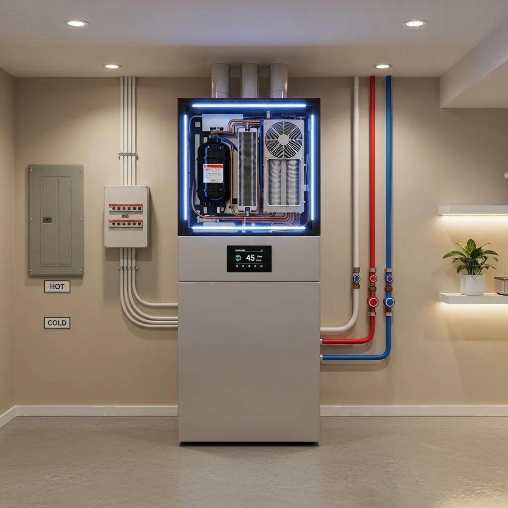 Modern heat pump water heater installed in a basement, highlighting energy-saving features