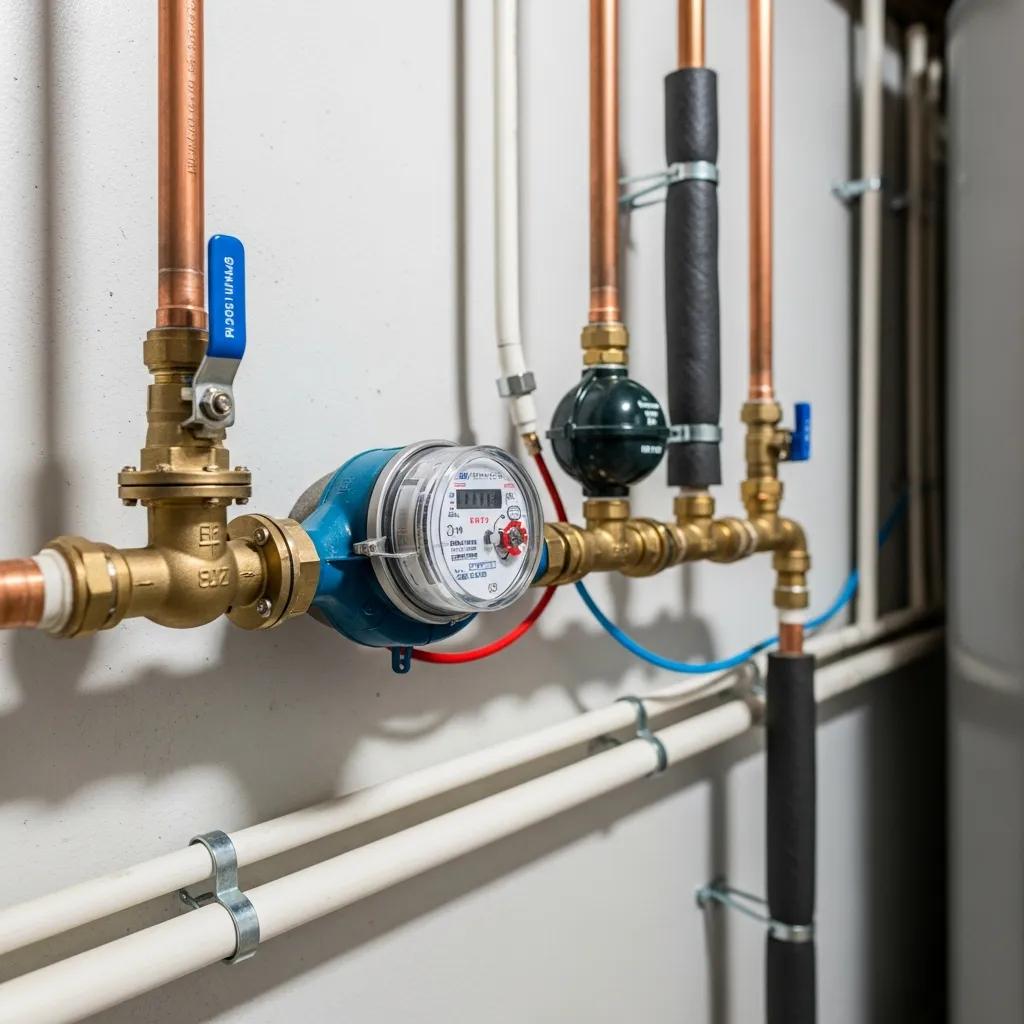 Home water supply system components including water meter and shutoff valve