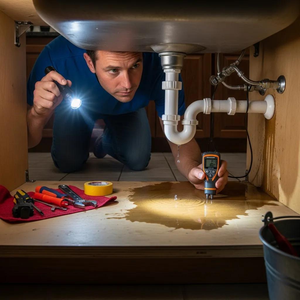 Homeowner checking under a sink for leaks with basic tools