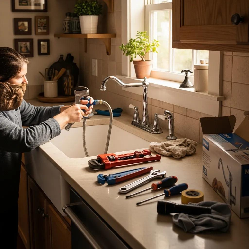 Homeowner installing a kitchen faucet with tools on the countertop