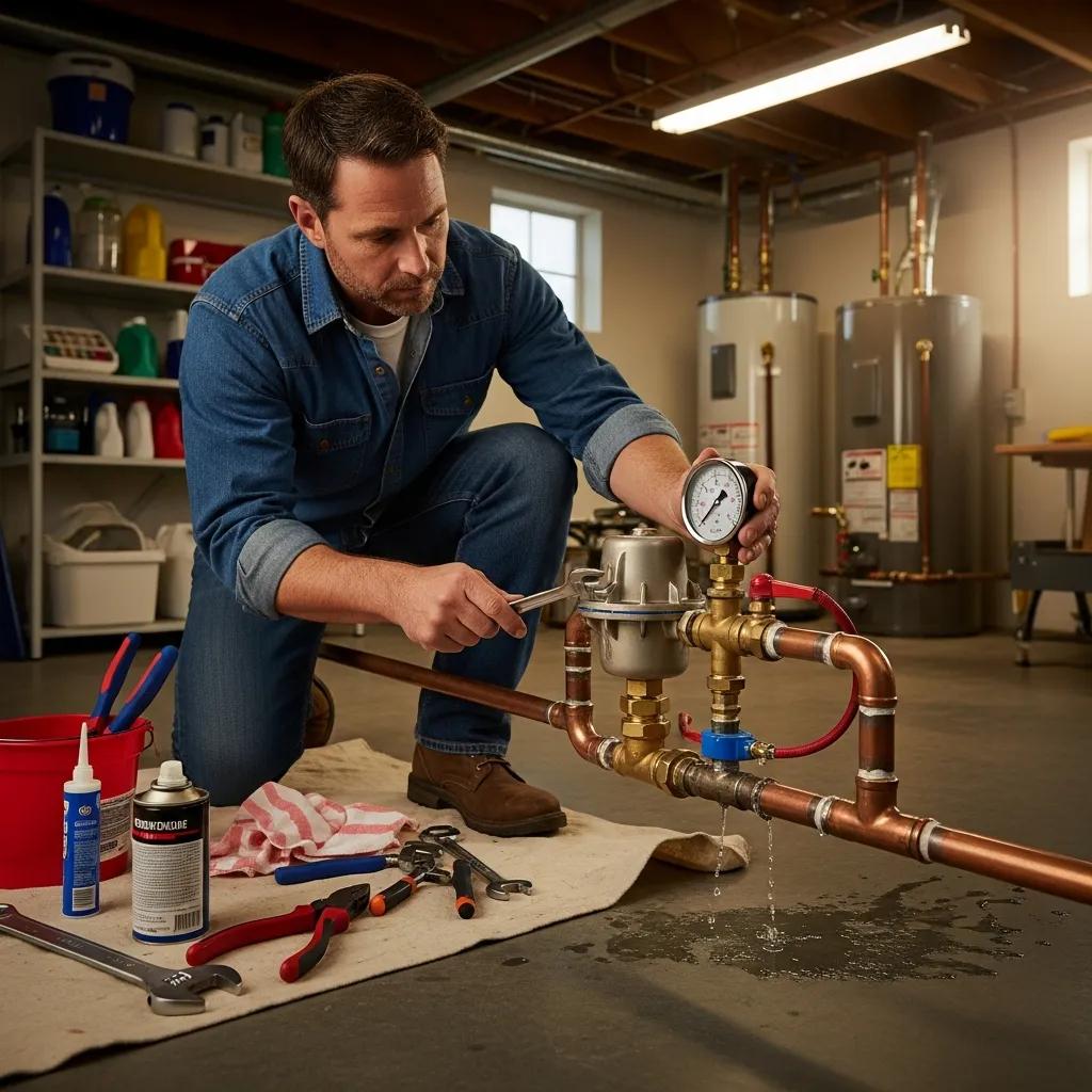 Homeowner checking a pressure gauge and inspecting a regulator for leaks during routine maintenance