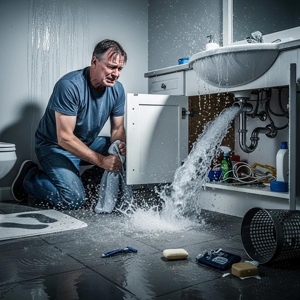 Homeowner addressing a bathroom water emergency and damage