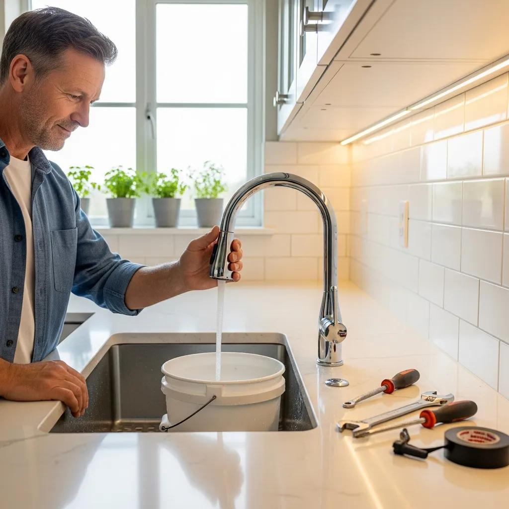 Homeowner testing a newly installed kitchen faucet with water flowing