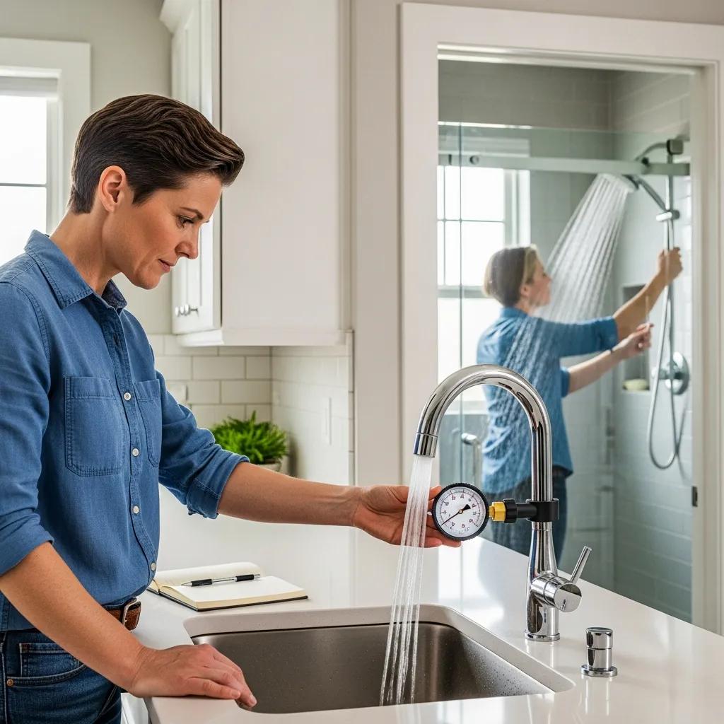 Homeowner testing water pressure at a kitchen sink and bathroom shower — a simple DIY approach to diagnose low water pressure