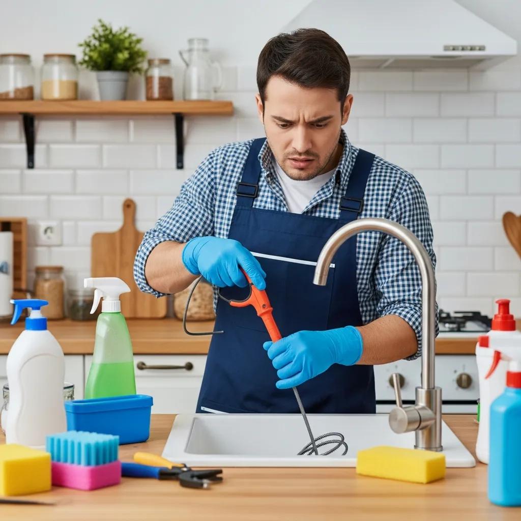 Homeowner using a drain snake in a kitchen, illustrating the risks of DIY drain cleaning