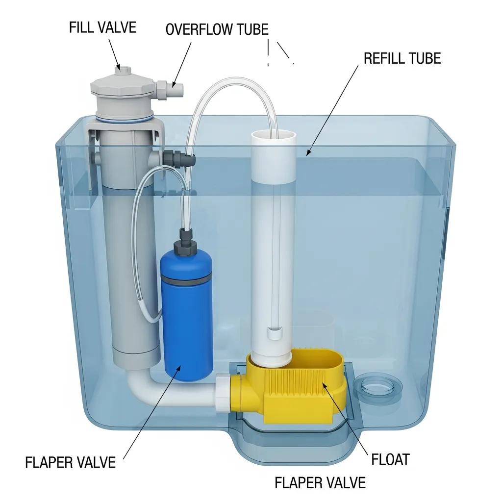 Diagram-style view of toilet tank parts: flapper, fill valve, float, and overflow tube
