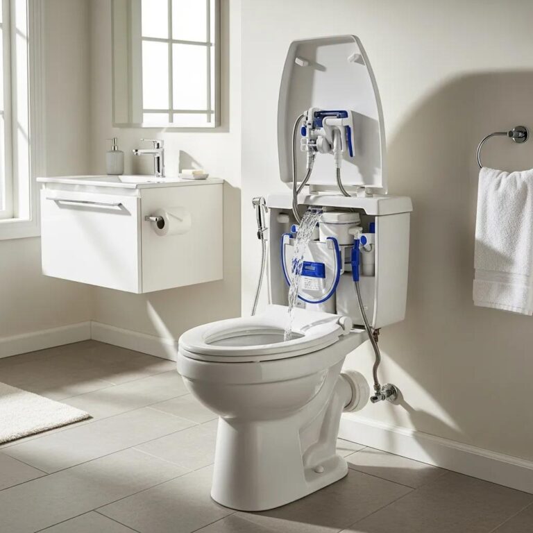 Modern bathroom with a running toilet, highlighting tank components like flapper and fill valve
