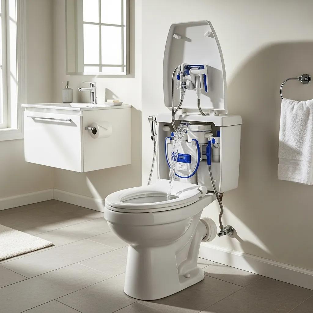Modern bathroom with a running toilet, highlighting tank components like flapper and fill valve