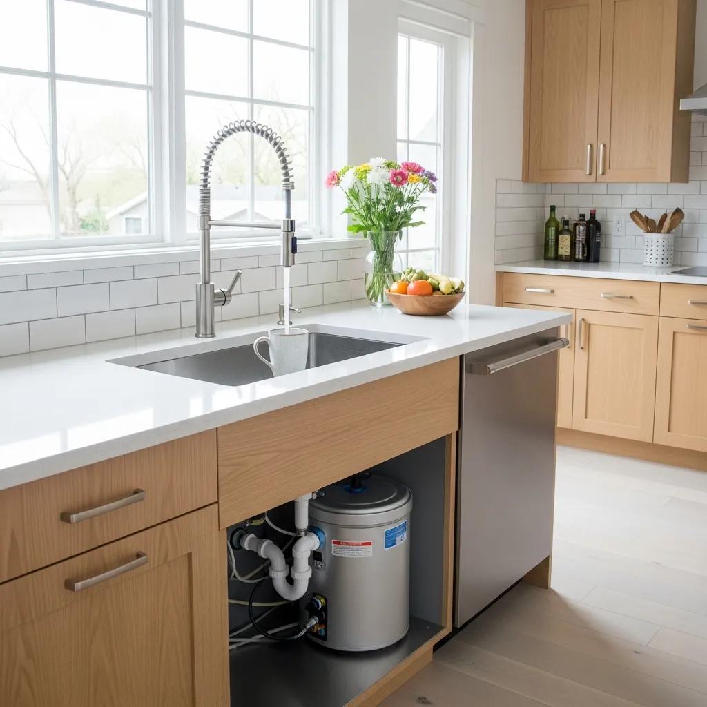Modern kitchen with a recirculating hot water system under the sink, highlighting instant hot water convenience