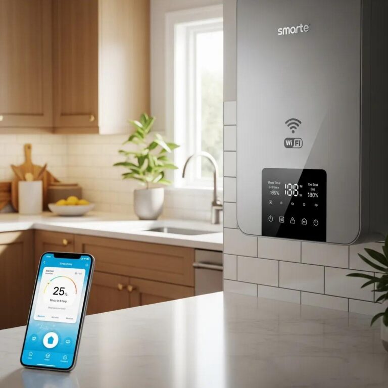 Modern smart water heater in a stylish kitchen, highlighting energy efficiency and connectivity features
