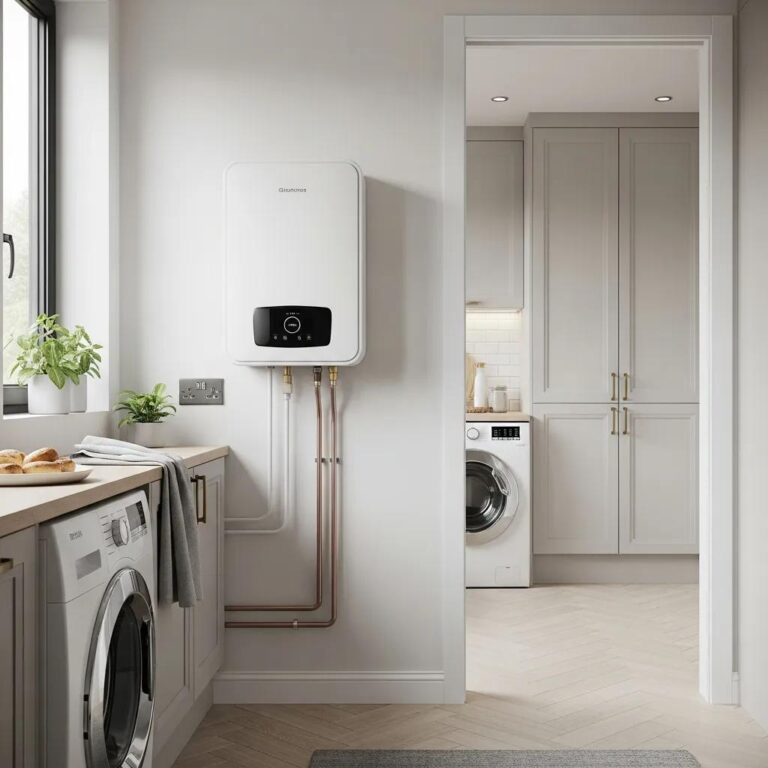 Modern tankless water heater installed in a stylish utility room, highlighting energy efficiency and space-saving design