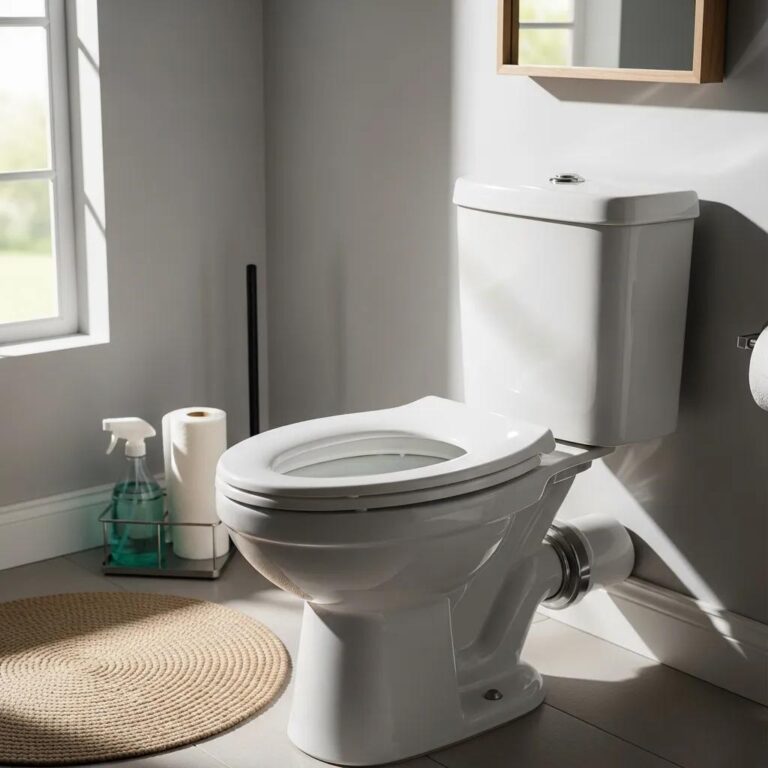 Modern toilet with visible tank and flush mechanism in a clean bathroom setting