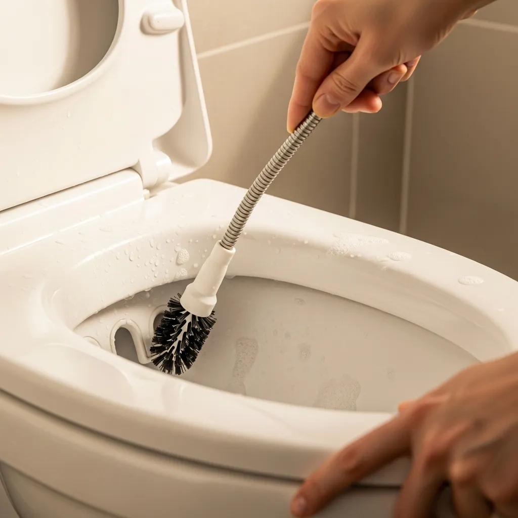 Person using a flexible brush to clean rim jets inside a toilet bowl