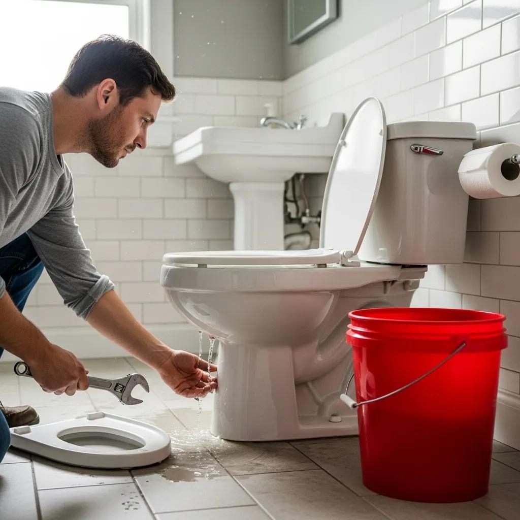 Person inspecting a leaking toilet with tools in a clean bathroom