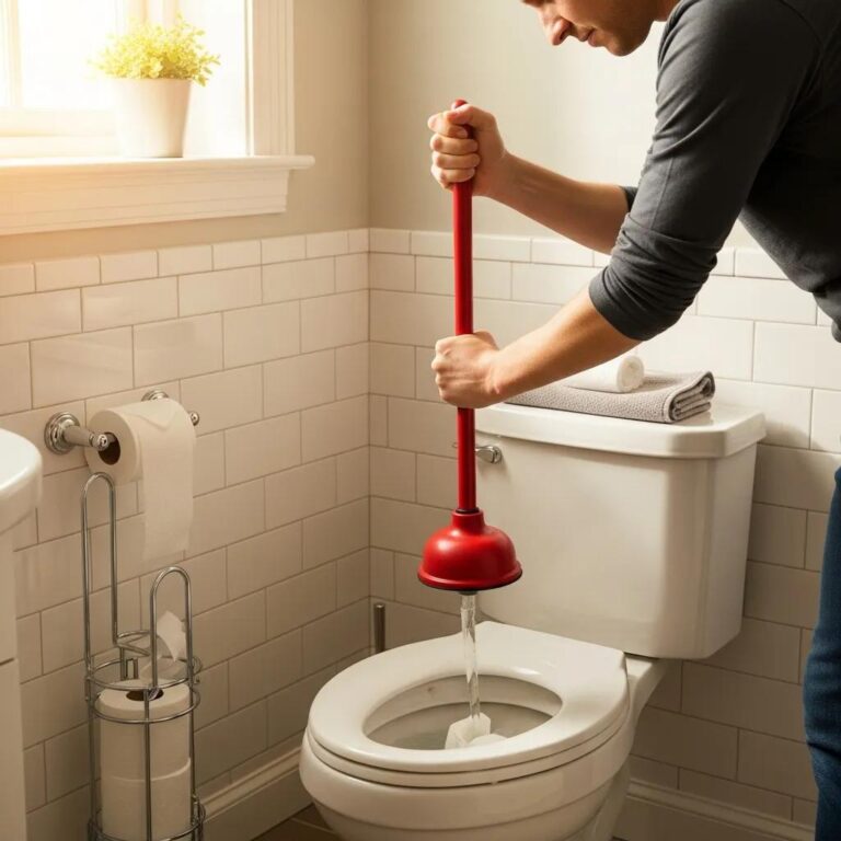 Person using a plunger on a clogged toilet in a clean bathroom, illustrating quick remedies for toilet clogs