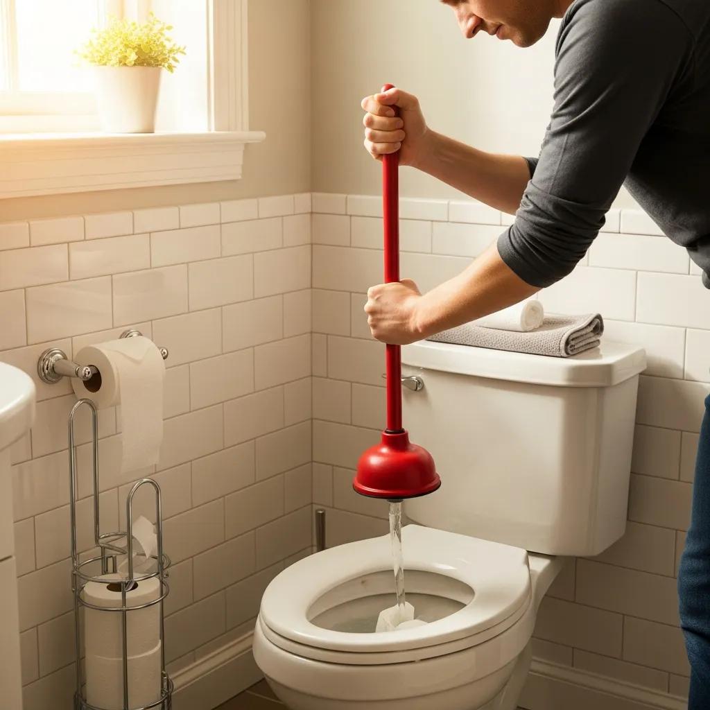 Person using a plunger on a clogged toilet in a clean bathroom, illustrating quick remedies for toilet clogs