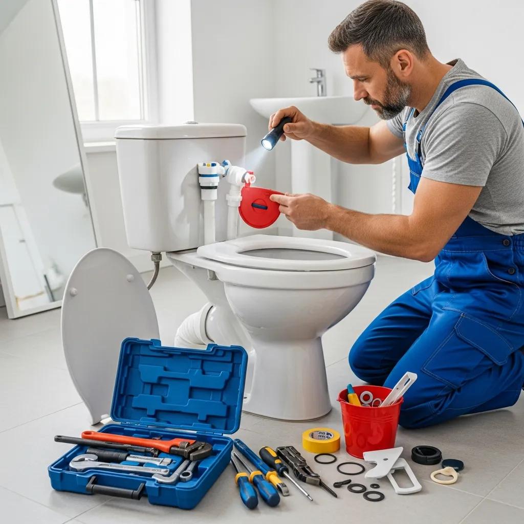 Technician inspecting a toilet with diagnostic tools