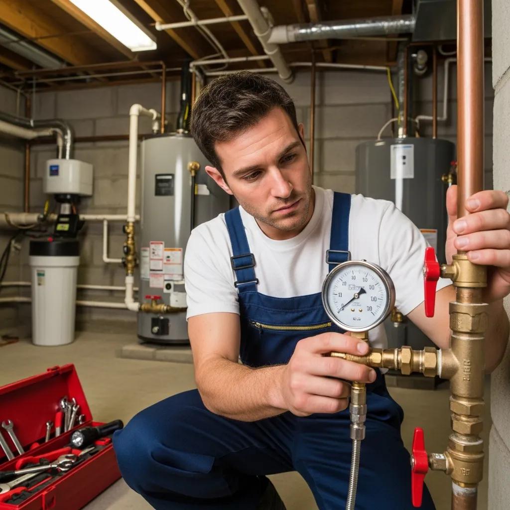 Plumber inspecting a water pressure gauge in a Michigan home, emphasizing the importance of diagnosing low water pressure issues