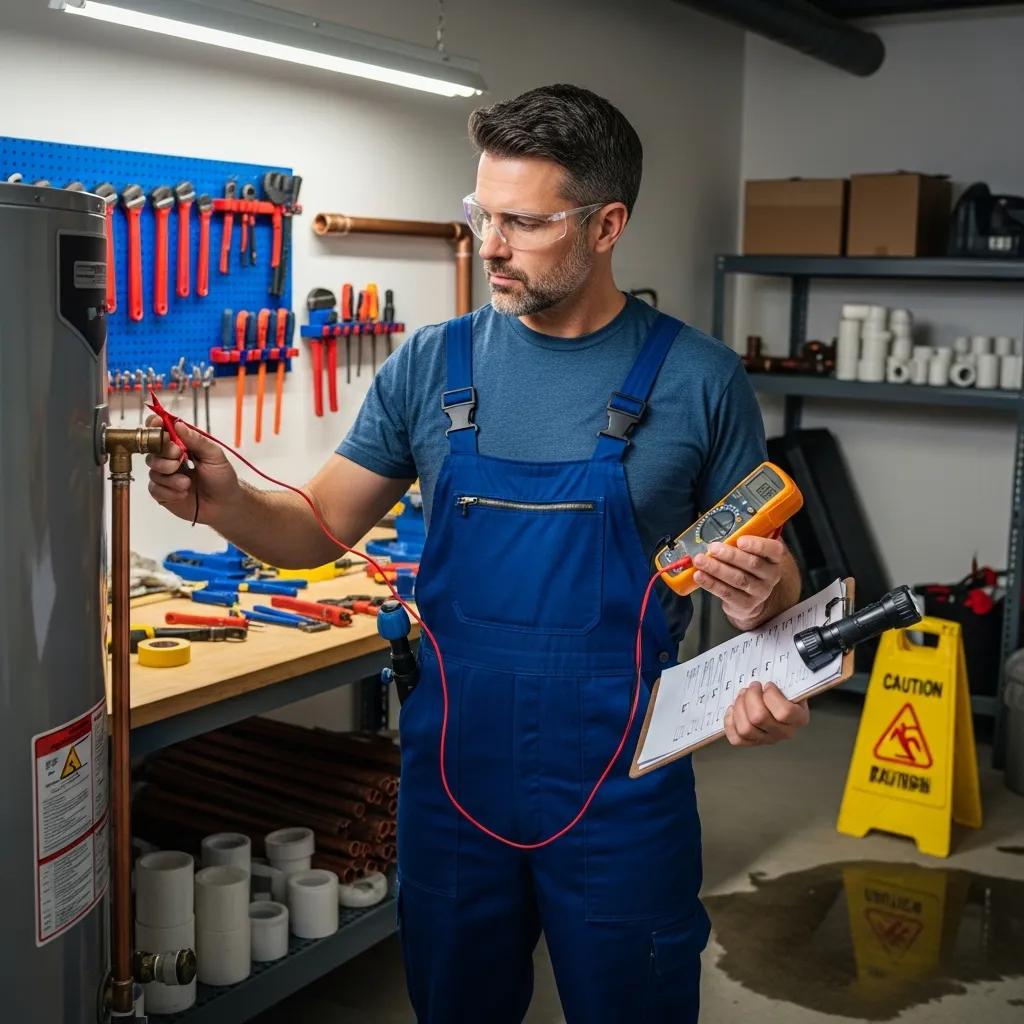 Licensed plumber inspecting a residential water heater during maintenance