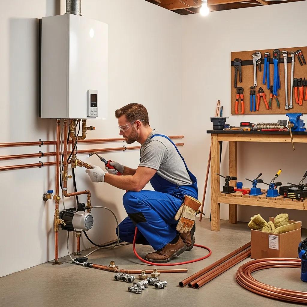 Licensed plumber installing a recirculating hot water system in a home, demonstrating a professional installation