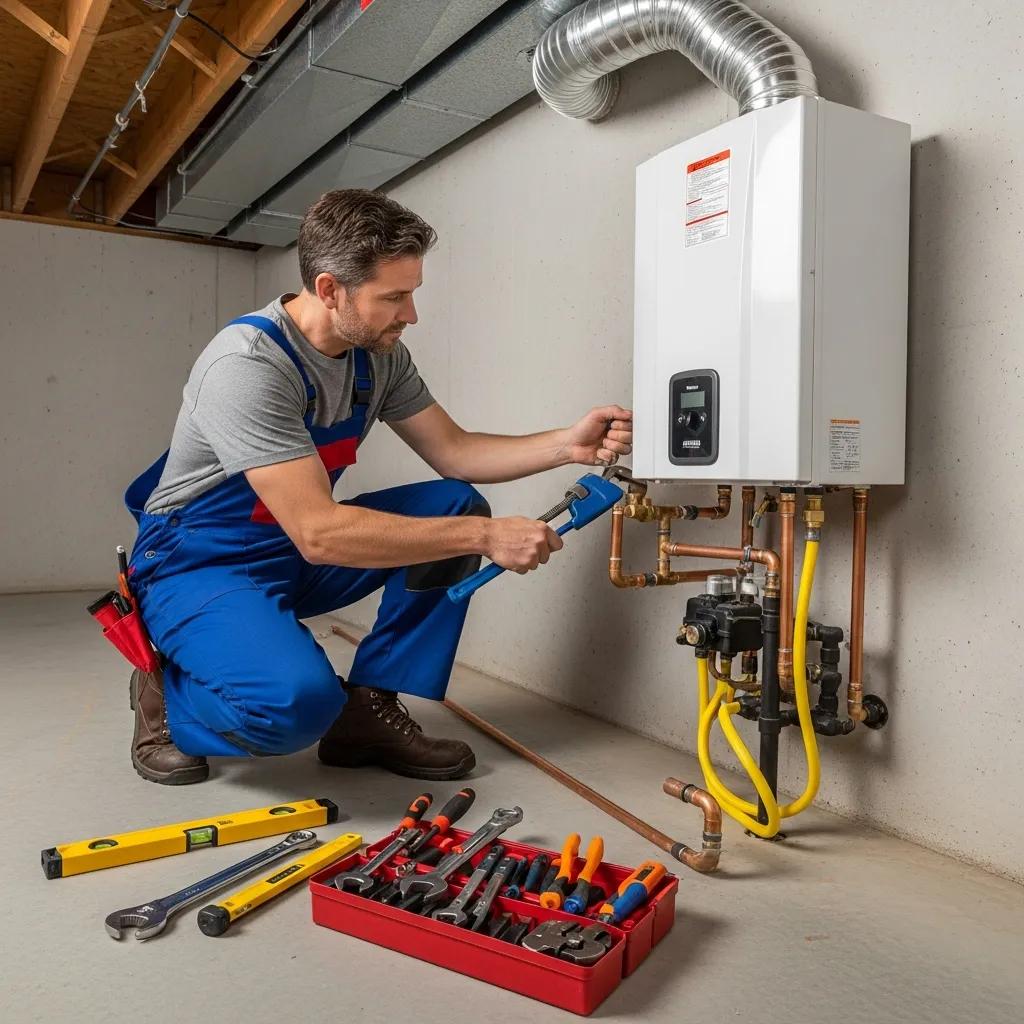 Licensed plumber fitting a tankless water heater, highlighting professional installation steps
