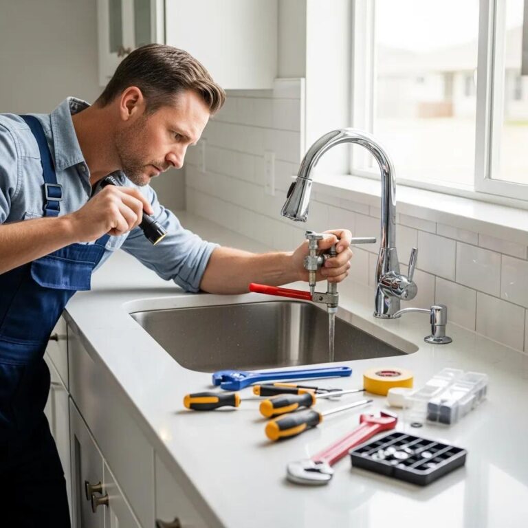 Professional plumber repairing a leaky faucet in a modern kitchen