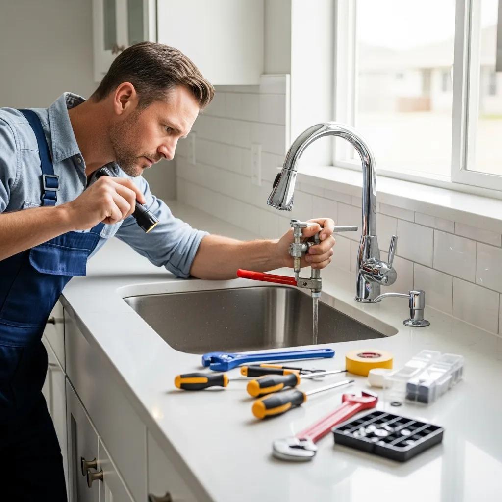 Professional plumber repairing a leaky faucet in a modern kitchen