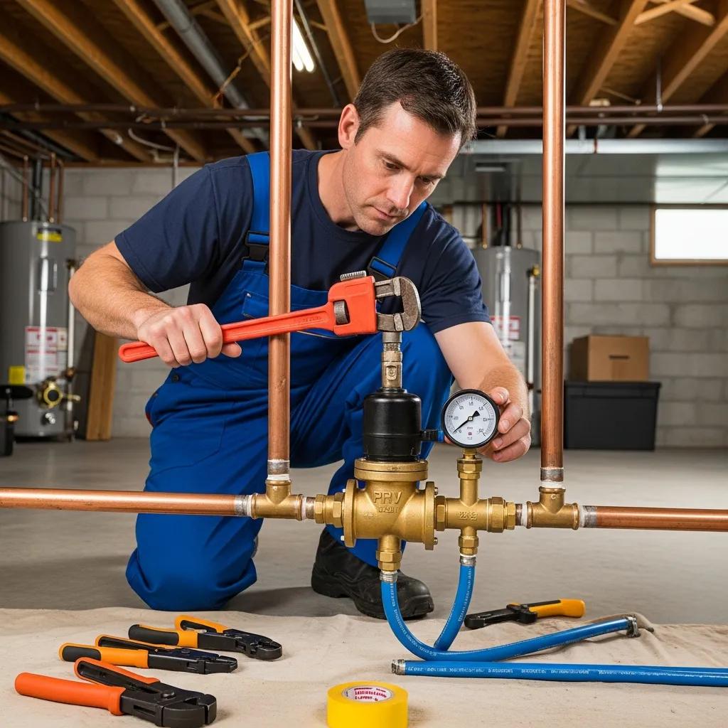 Licensed plumber repairing a pressure reducing valve (PRV) in a home — professional service to restore water pressure