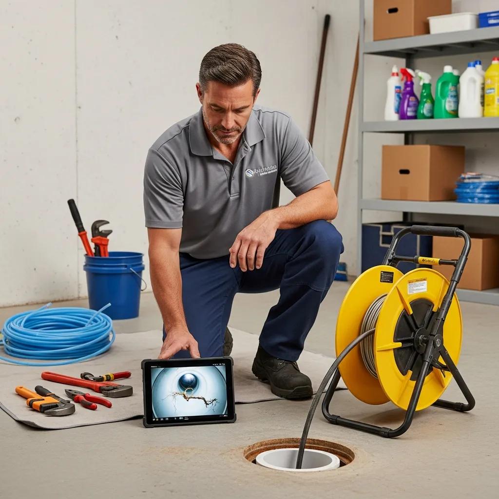 Licensed plumber using a sewer camera to inspect a drain, highlighting professional service benefits