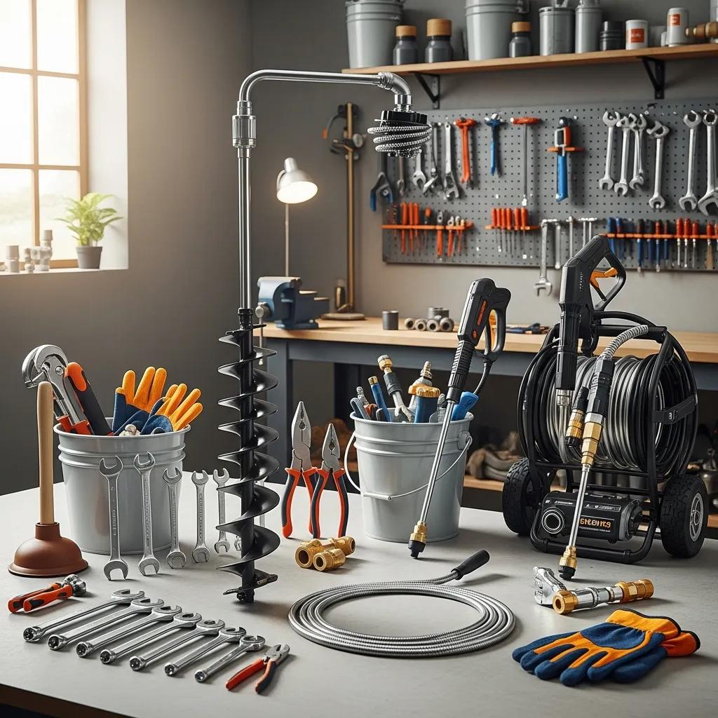 Professional plumbing tools like augers, motorized snakes, and hydro jetting equipment used to clear severe clogs