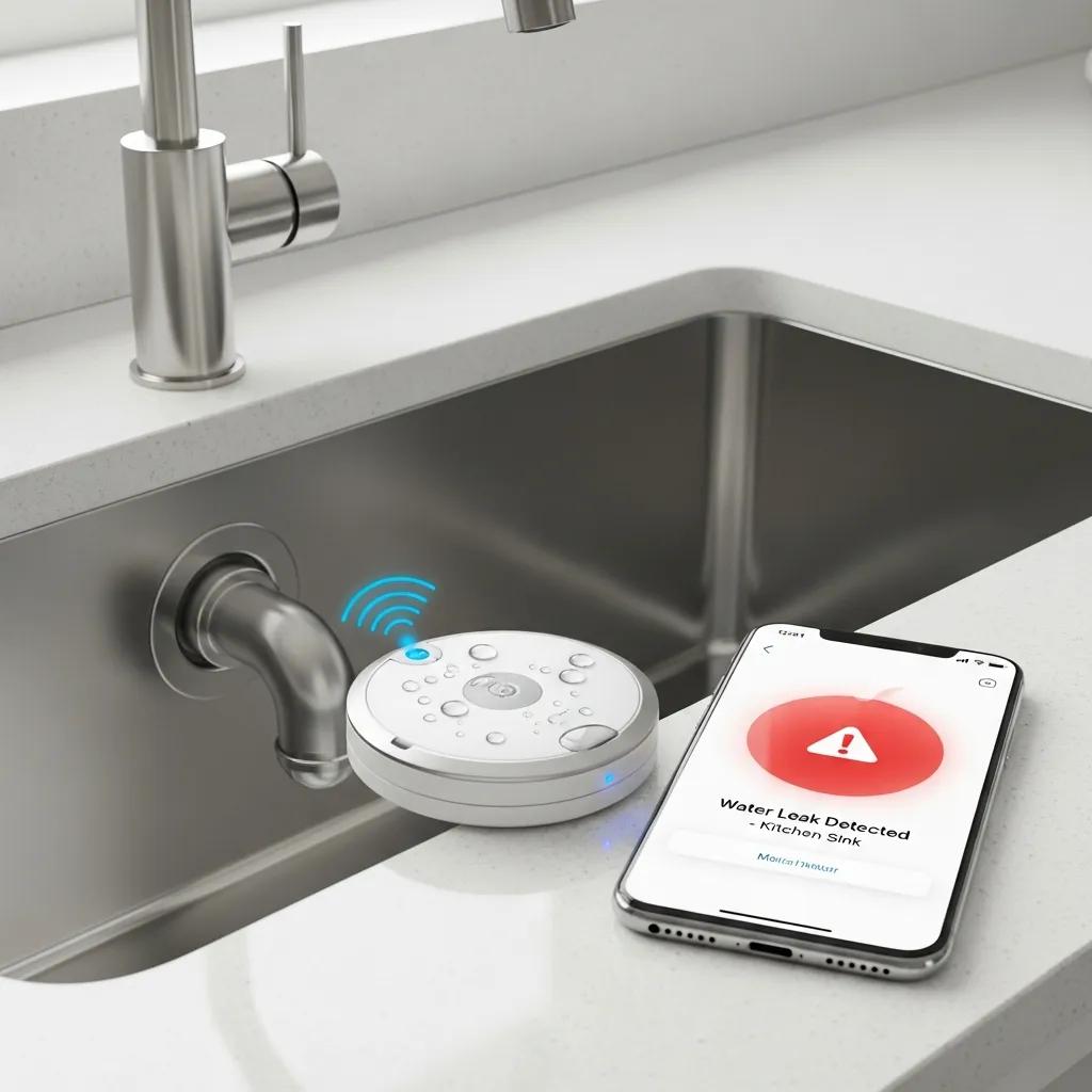 Smart leak detector under a sink with smartphone alert notification — modern home protection