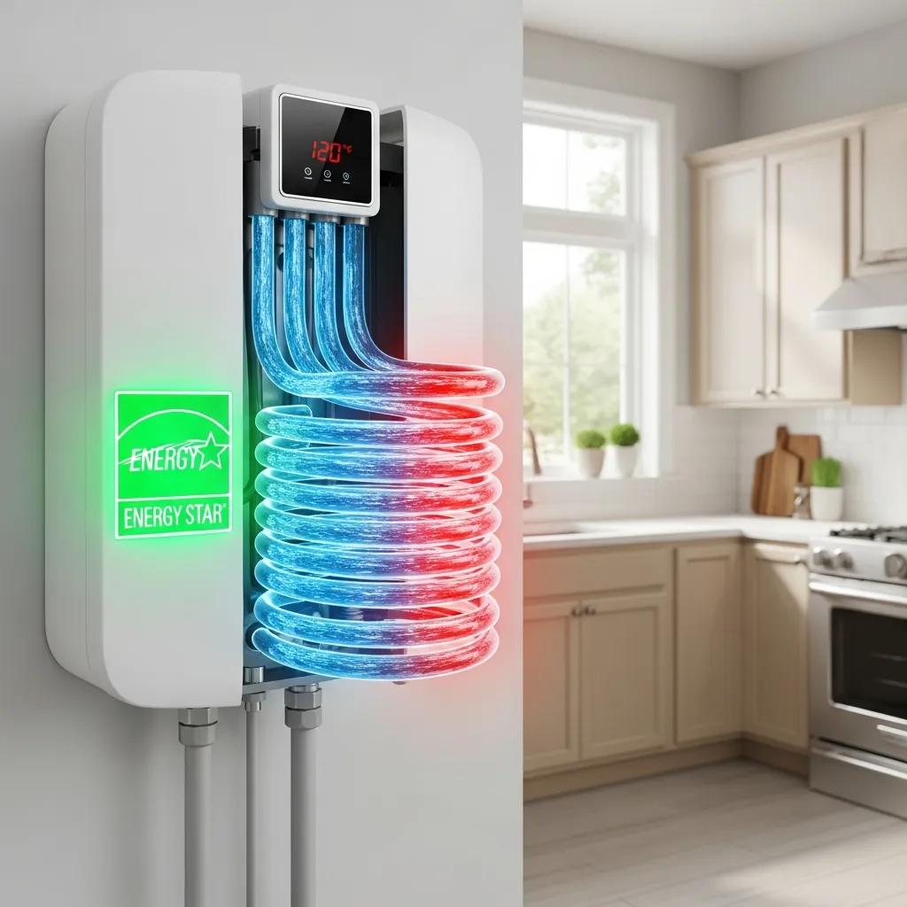 Modern tankless water heater installed in a kitchen utility area, highlighting energy savings