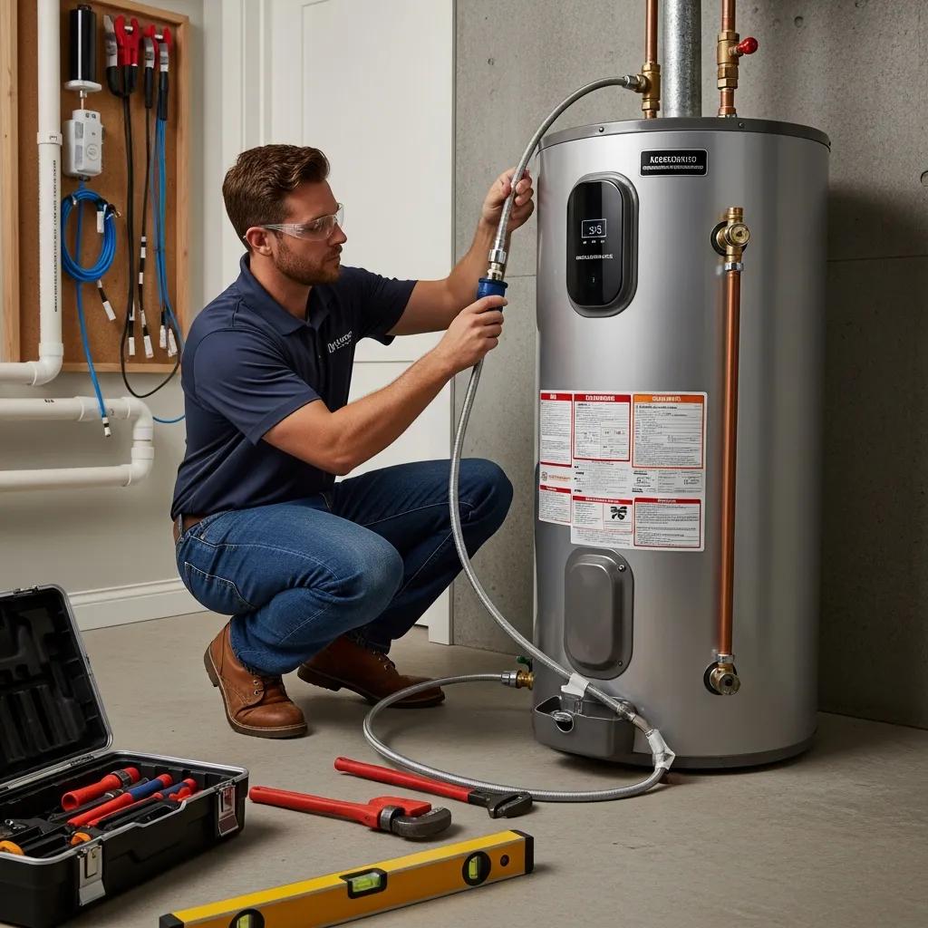 Technician installing a smart water heater at a home, showing professional service and setup