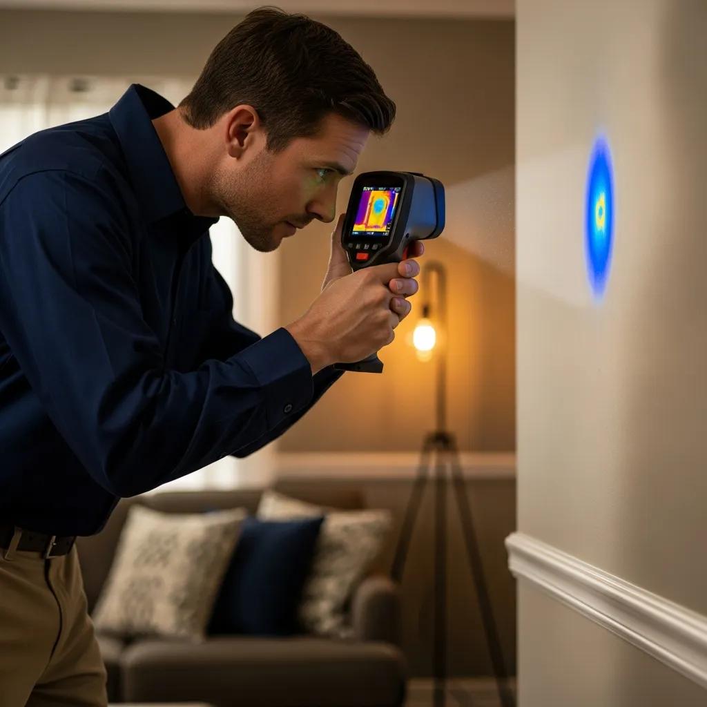 A technician using an infrared camera to inspect a wall for moisture