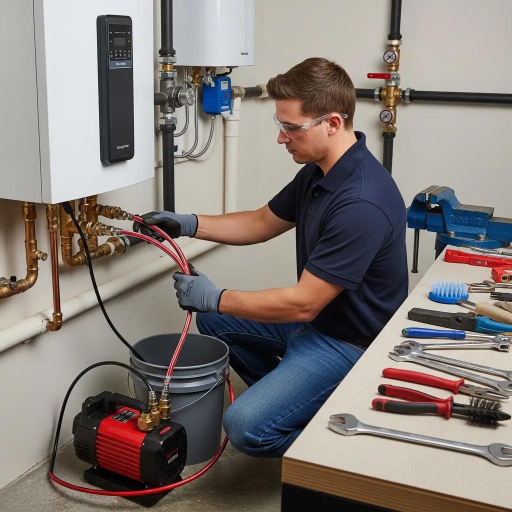 Technician performing professional water heater flushing service for sediment removal