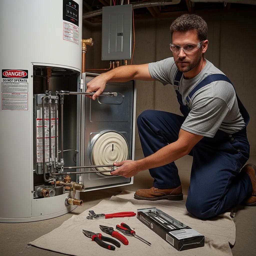 Technician replacing an electric water heater element with tools and safety precautions